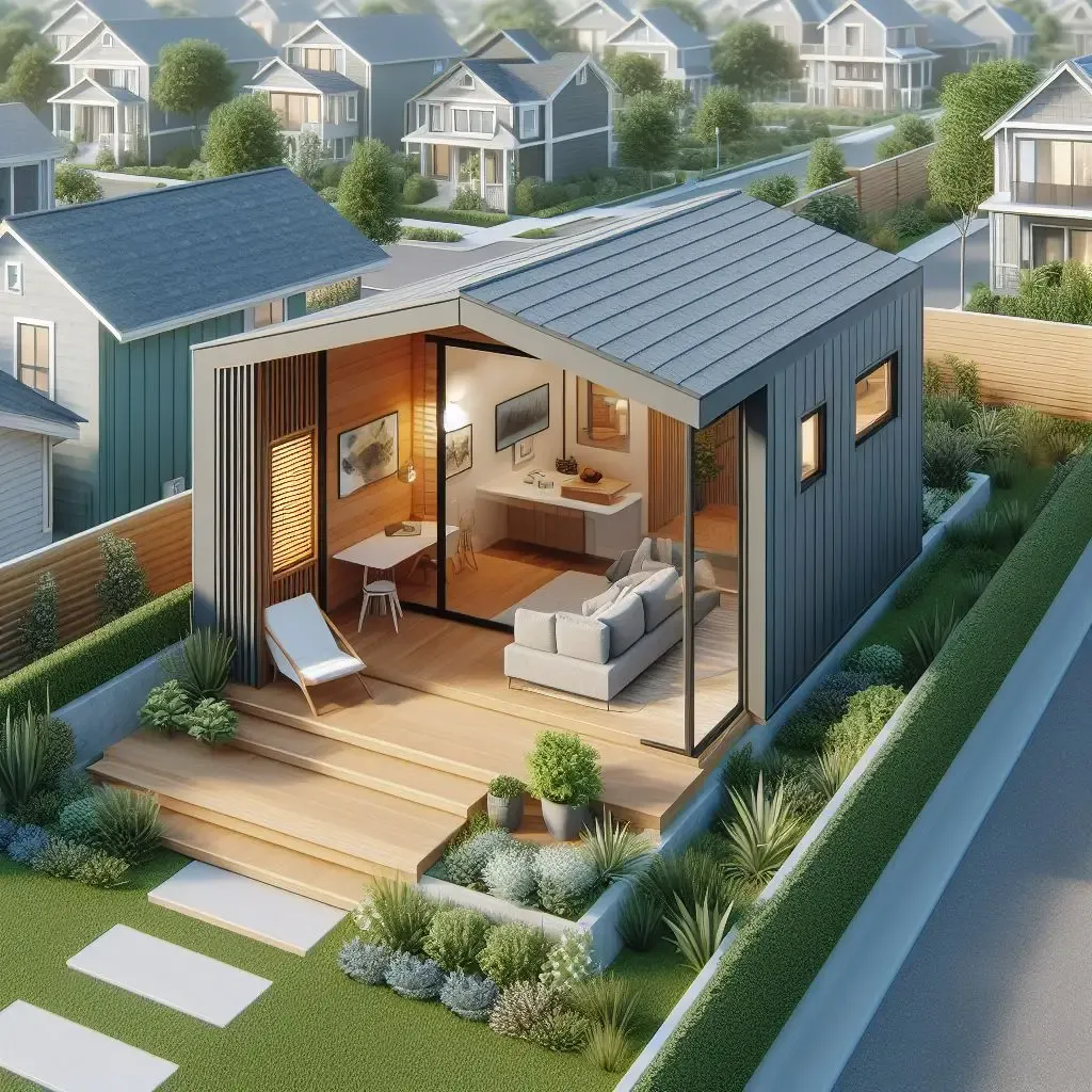 Modern detached backyard ADU with deck, lounge seating and landscaped patio