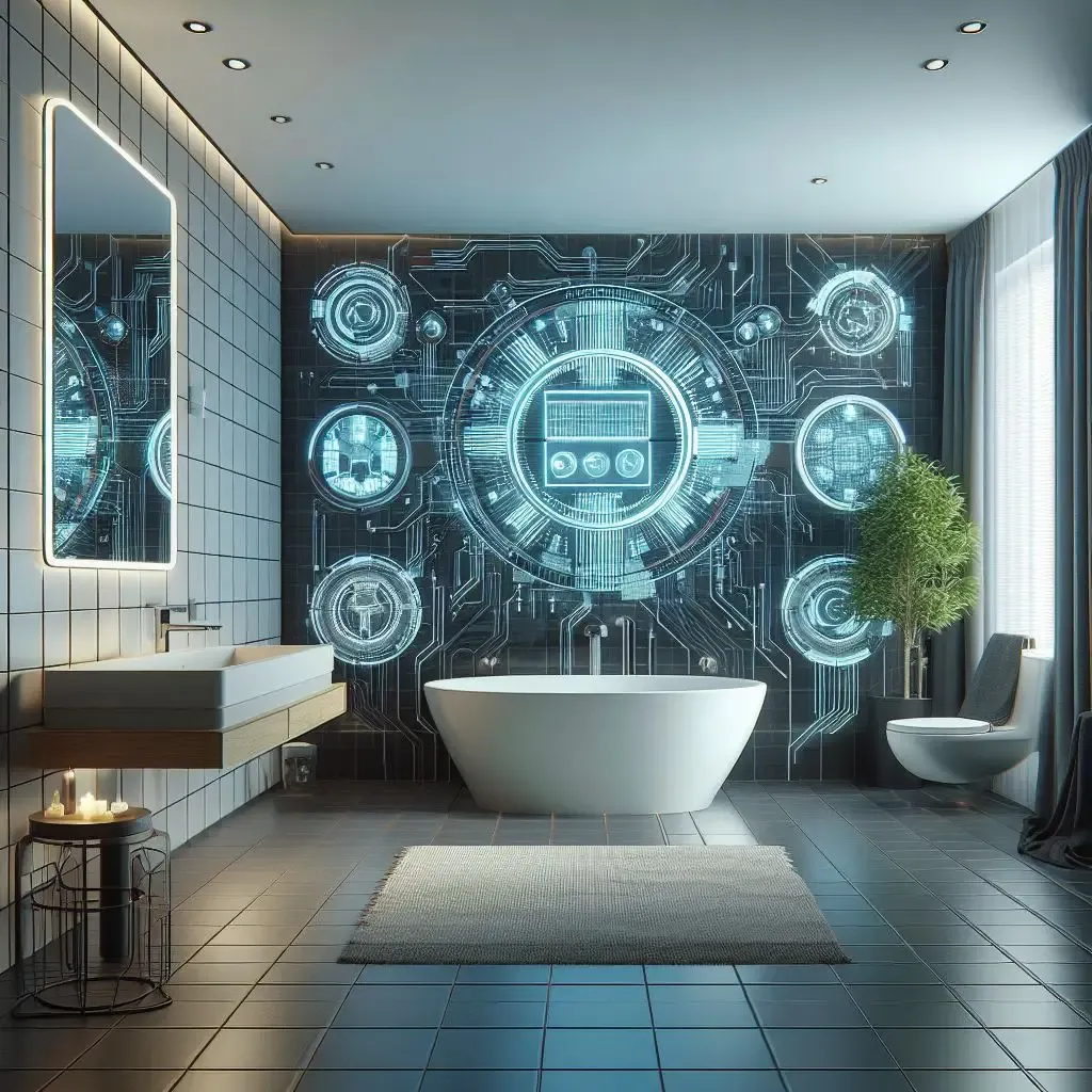 Modern spa bathroom with freestanding soaking tub, blue tile, and floating vanity
