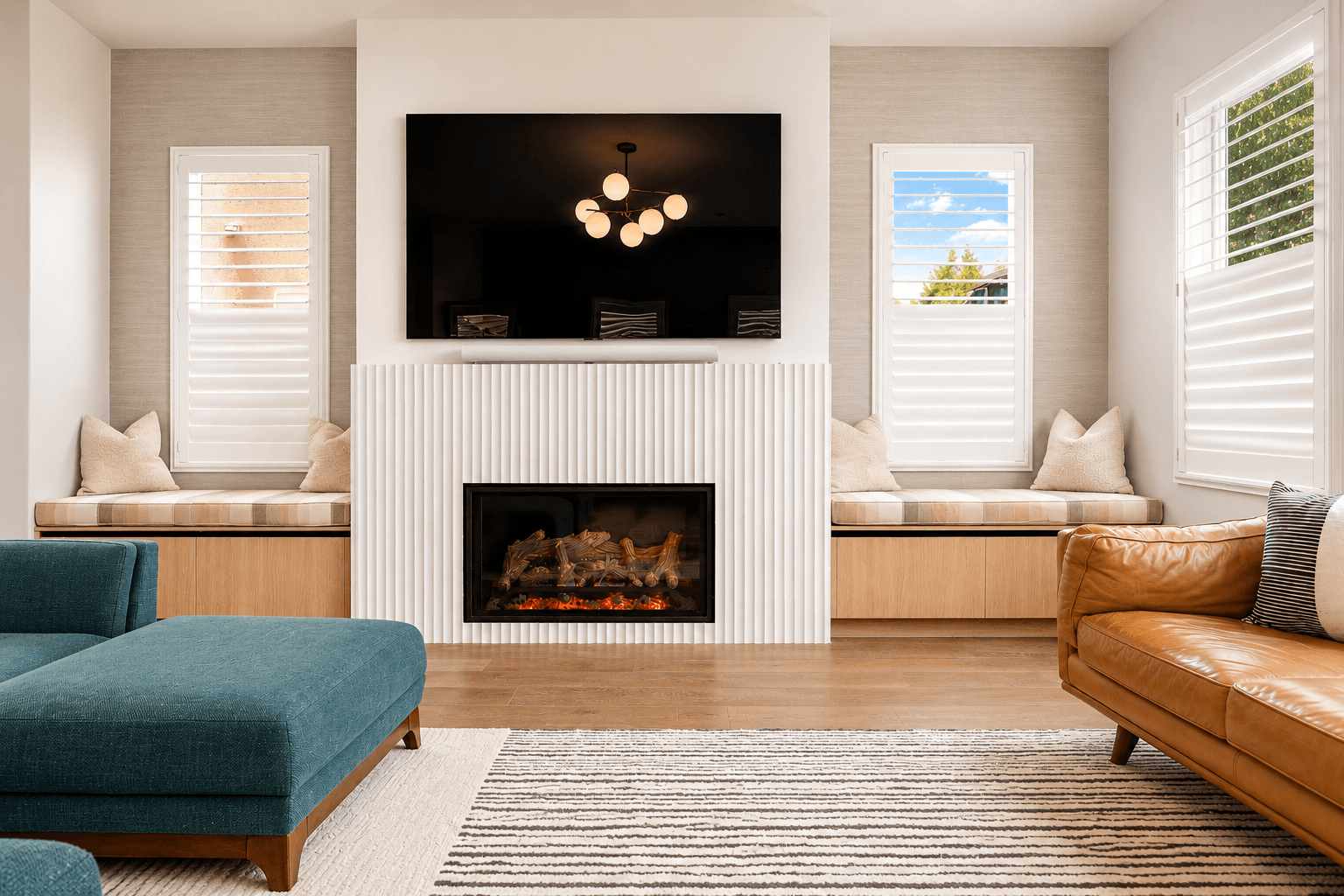 Living room with fluted electric fireplace, window seats and leather sofa