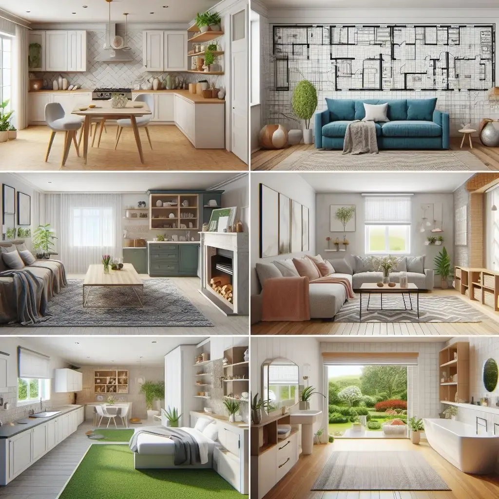 Collage of remodeled living rooms and kitchens with bright neutral finishes