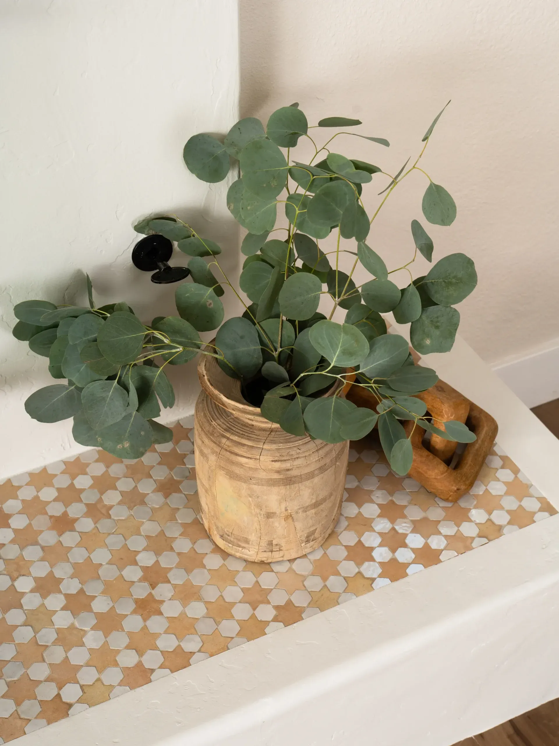 Eucalyptus in rustic pot atop console with patterned wood tile floor