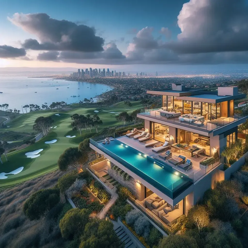 Luxury contemporary hillside home with infinity pool overlooking a coastal city skyline