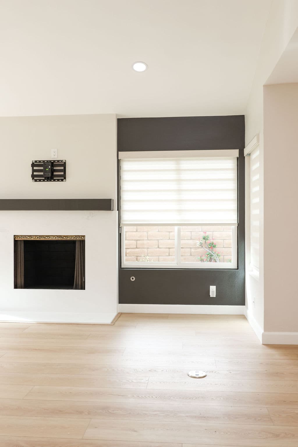 Living area corner with white fireplace, gray accent niche and light wood floors